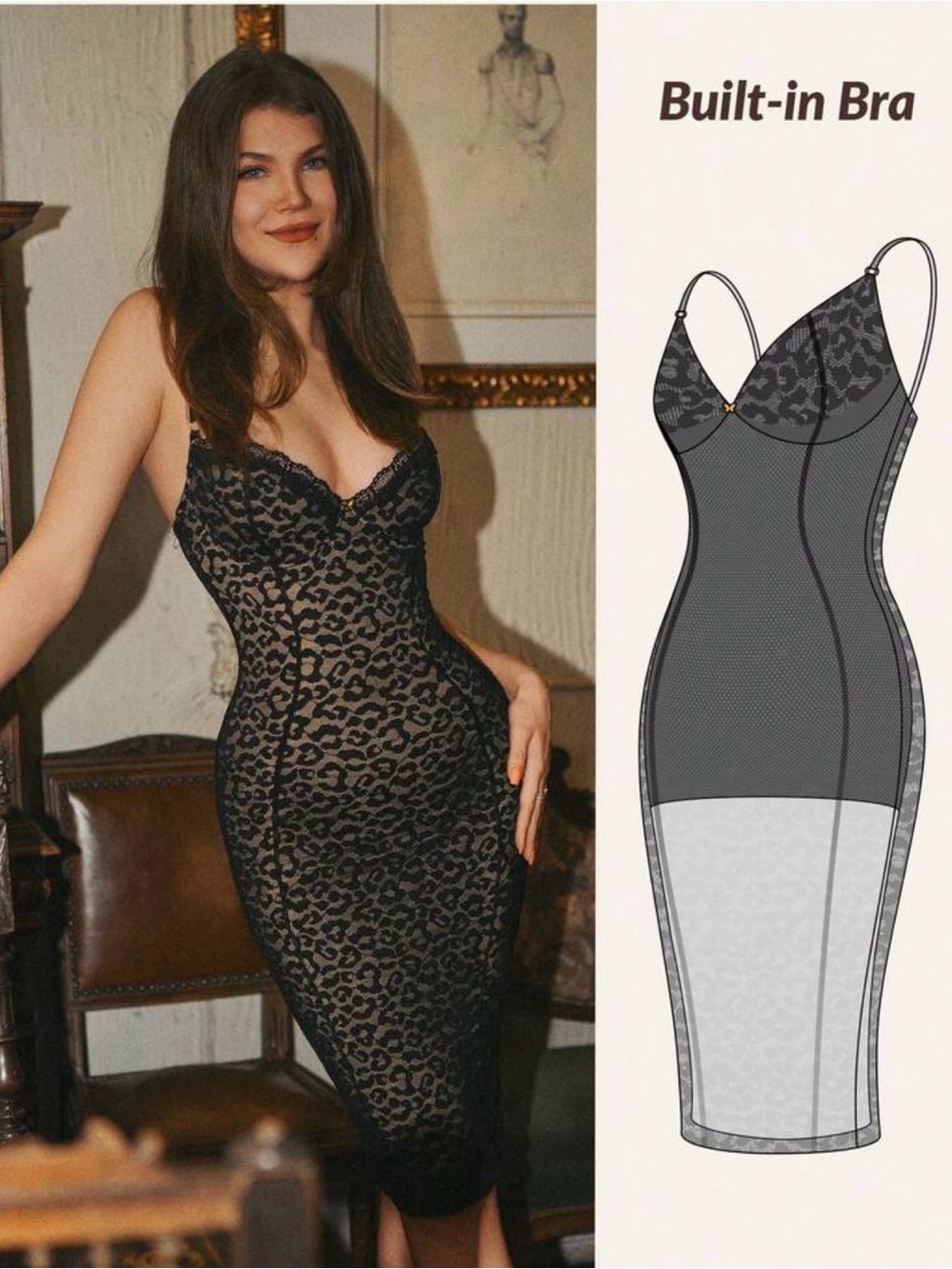 Sheer Lace Leopard Slip Dress with Built-In Bra - Black